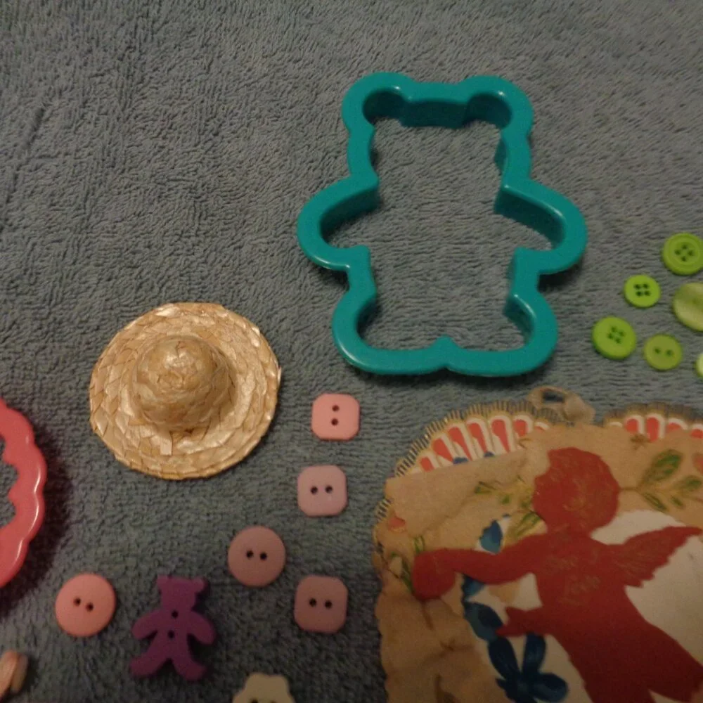 VINTAGE DOLL BIB, OLD VALENTINE, BABY SPOON, STOCKING, COOKIE CUTT, BUTTONS LOT